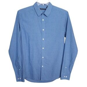 Theory Men's Collared Button Shirt Blue M Long Sleeves Plaid Button Cotton‎